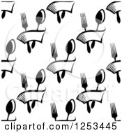 Clipart Of A Seamless Background Pattern Of Black And White Silverware And Banners Royalty Free Vector Illustration