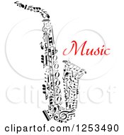 Poster, Art Print Of Black And White Saxophone Made Of Music Notes And Red Text