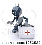 3d Blue Android Robot Paramedic Using A Stethoscope By A First Aid Kit