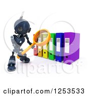 Poster, Art Print Of 3d Blue Android Robot Using A Magnifying Glass To Binders