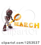Clipart Of A 3d Red Android Robot Using A Magnifying Glass To Search Royalty Free Illustration