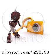 Poster, Art Print Of 3d Red Android Robot Using A Magnifying Glass To Search A Locked Folder