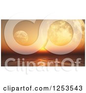 Poster, Art Print Of 3d Orange Sunset Ocean With Foregin Planets