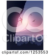 Clipart Of A Silhouetted Rock Climber Over A Lake Mountains And Birds At Sunset Royalty Free Vector Illustration