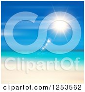 Clipart Of A Sun Flare Over A Tropical Sea And Beach Royalty Free Vector Illustration by KJ Pargeter