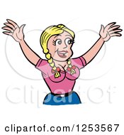 Clipart Of A Happy Cheering White Woman With Blond Pigtails Royalty Free Vector Illustration
