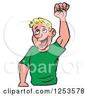 Clipart Of A Happy Blond White Man Cheering With His Fist In The Air Royalty Free Vector Illustration