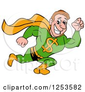 Clipart Of A Grinning White Man Dollar Super Hero Running Royalty Free Vector Illustration