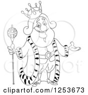 Clipart Of A Black And White Line Art Design Of A Welcoming King Royalty Free Vector Illustration