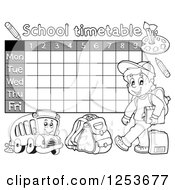 Clipart Of A Grayscale Weekly School Timetable With A School Boy And Bus Royalty Free Vector Illustration