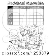 Clipart Of A Grayscale Weekly School Timetable With Students Flying On A Pencil Royalty Free Vector Illustration by visekart