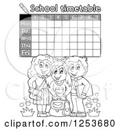 Clipart Of A Grayscale Weekly School Timetable With Students Royalty Free Vector Illustration by visekart