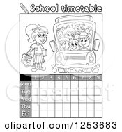 Clipart Of A Grayscale Weekly School Timetable With Students And A Bus Royalty Free Vector Illustration by visekart