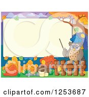 Clipart Of A Blank Board And Autumn Border With An Owl Professor Holding A Pointer Royalty Free Vector Illustration