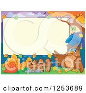 Clipart Of A Blank Board And Autumn Border With An Owl Professor Royalty Free Vector Illustration