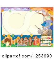 Clipart Of A Blank Board And Autumn Border With An Owl Professor And Books Royalty Free Vector Illustration