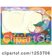 Poster, Art Print Of Blank Board And Autumn Border With A Flying Halloween Witch And Cat