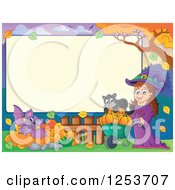 Poster, Art Print Of Blank Board And Autumn Border With A Halloween Witch Bat And Cat