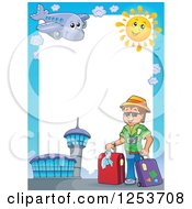 Clipart Of A Travel Border Of A Happy Airplane Flying Over A White Man With Luggage At An Airport Royalty Free Vector Illustration by visekart