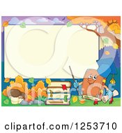 Clipart Of A Blank Board And Autumn Border With A Book Professor Royalty Free Vector Illustration