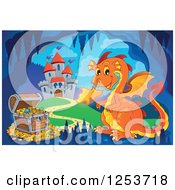 Poster, Art Print Of Orange Fire Breathing Dragon And Treasure In A Cave Near A Castle