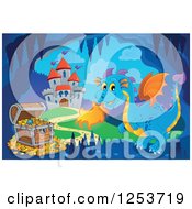 Poster, Art Print Of Blue Fire Breathing Dragon And Treasure In A Cave Near A Castle