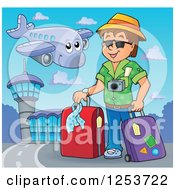 Poster, Art Print Of Happy Airplane Flying Over A White Man Traveler With Luggage At An Airport