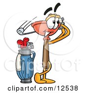 Sink Plunger Mascot Cartoon Character Swinging His Golf Club While Golfing by Mascot Junction