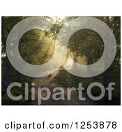 Clipart Of A 3d Misty Forest And Path With Sunshine Through The Trees Royalty Free Illustration
