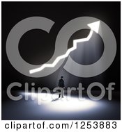 Clipart Of A 3d Businessman With Bright Light Shining Through An Increase Arrow In A Wall Royalty Free Illustration
