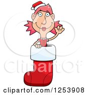 Clipart Of A Woman Christmas Elf Waving In A Stocking Royalty Free Vector Illustration by Cory Thoman