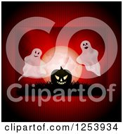 Clipart Of A Red Halloween Background With A Jackolantern And Ghosts Over A Full Moon Royalty Free Vector Illustration