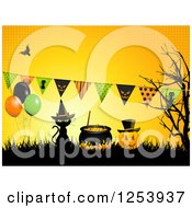 Clipart Of A Black Witch Cat Jackolantern And Cauldron Under Halloween Party Bunting Banners On Halftone Royalty Free Vector Illustration