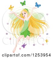 Poster, Art Print Of Blond Spring Time Fairy Flying With Colorful Butterflies