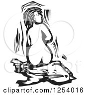 Black And White Woodcut Mythical Selkie Woman Sitting On Her Shedded Seal Skin