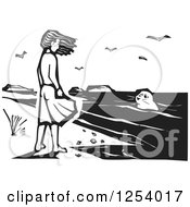 Black And White Woodcut Girl Watching A Seal From A Beach