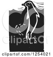 Poster, Art Print Of Black And White Woodcut Swimming Seal And Fish