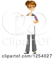 Clipart Of A Brunette Caucasian Businesswoman Holding A Blank Sign Royalty Free Vector Illustration