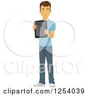 Poster, Art Print Of Casual Brunette Caucasian Man Holding Out A Tablet Computer