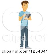 Clipart Of A Casual Brunette Caucasian Man Using A Tablet Computer Royalty Free Vector Illustration