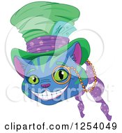 Clipart Of A Grinning Blue And Green Cheshire Cat Wearing A Hat Royalty Free Vector Illustration