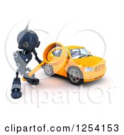 Poster, Art Print Of 3d Blue Android Robot Using A Magnifying Glass To Search For A Car