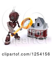 Poster, Art Print Of 3d Red Android Robot Using A Magnifying Glass To Search A Home