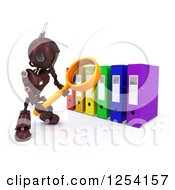 Poster, Art Print Of 3d Red Android Robot Using A Magnifying Glass To Binders