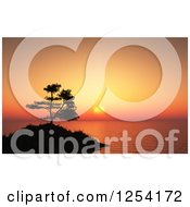Poster, Art Print Of 3d Silhouetted Tree And Island Against An Orange Ocean Sunset