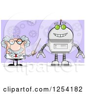 Poster, Art Print Of Senior Male Scientist Discussing A Robot Over Gears On Purple