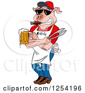 Poster, Art Print Of Bbq Pig Chef Holding Tongs Wearing Sunglasses Smoking A Cigar And Holding A Beer