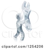 Clipart Of A 3d Silver Man Carrying A Large Adjustable Wrench Royalty Free Vector Illustration