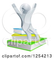 Poster, Art Print Of 3d Cheering Silver Man Sitting On Books