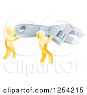 Clipart Of 3d Gold Men Carrying A Giant Spanner Wrench Royalty Free Vector Illustration
